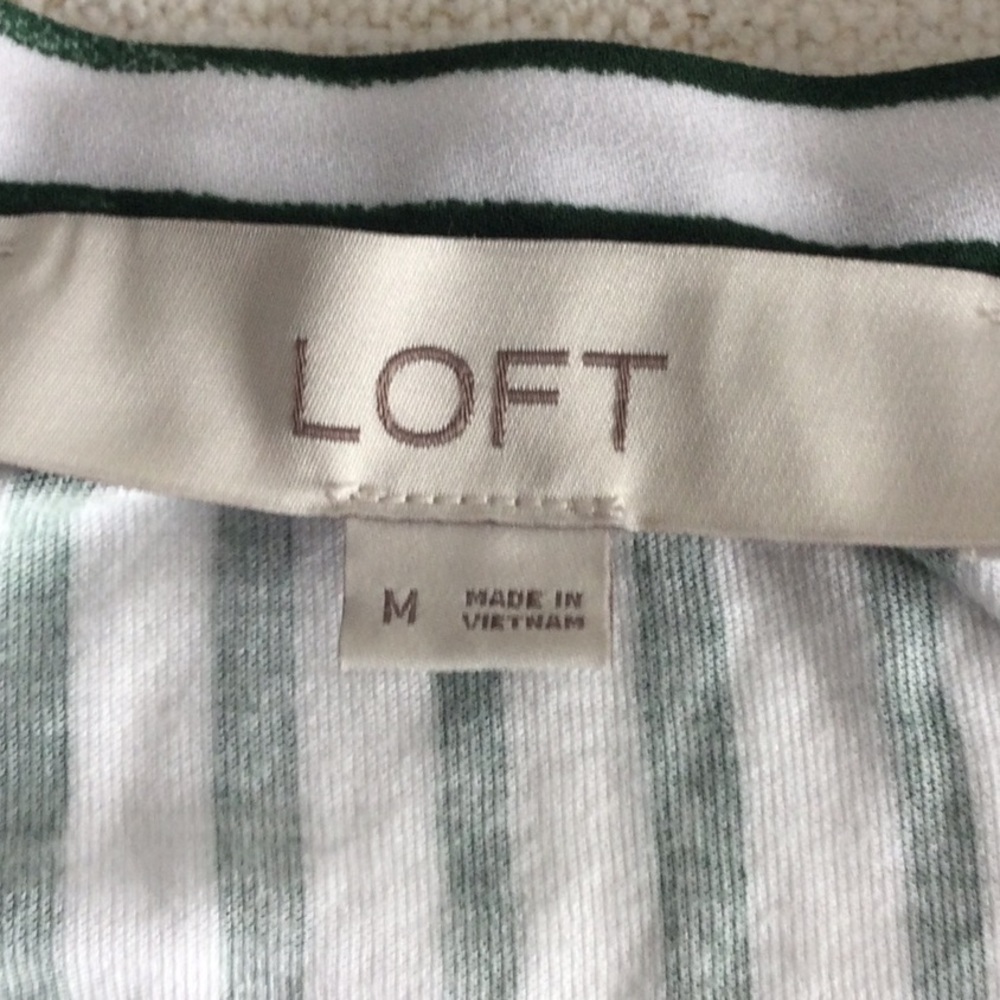 LOFT White Blouse with Forest Green Stripes and Tie Neck - Picture 2 of 3